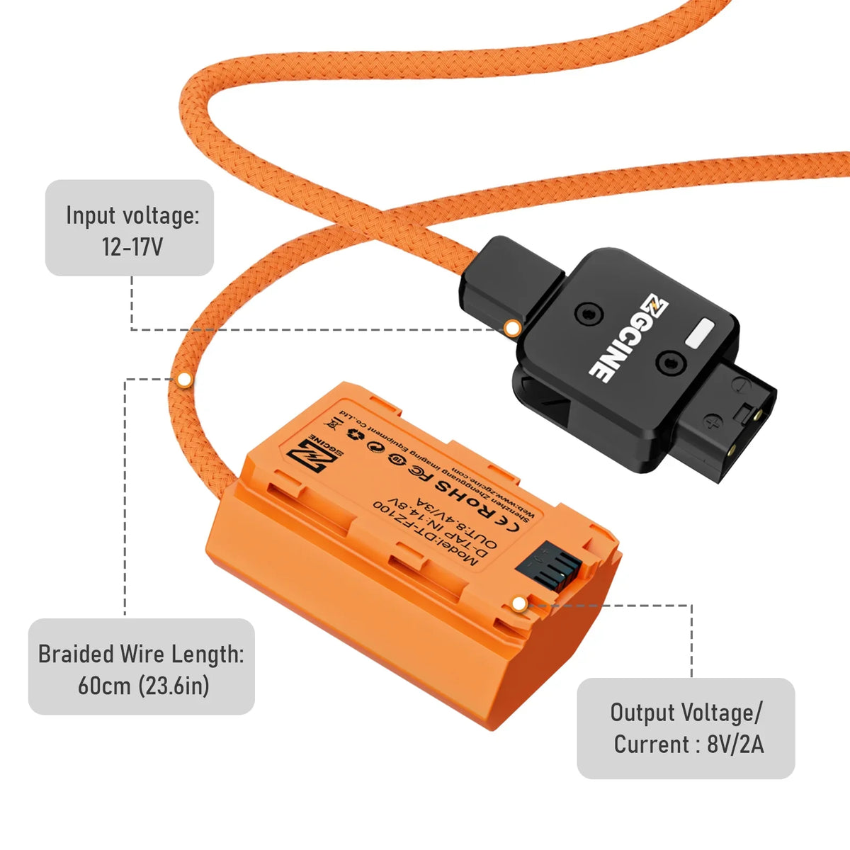 ZGCINE DT-FZ100 D-Tap to NP-FZ100 Dummy Battery - Braided Wire DC Coupler for A7R V/A7/A7S III/A7R III/A7 III/A7C/A7CR/A7C II/A6600/A6700/FX3/FX30/ZV-E1/A1/A9/A9II Cameras