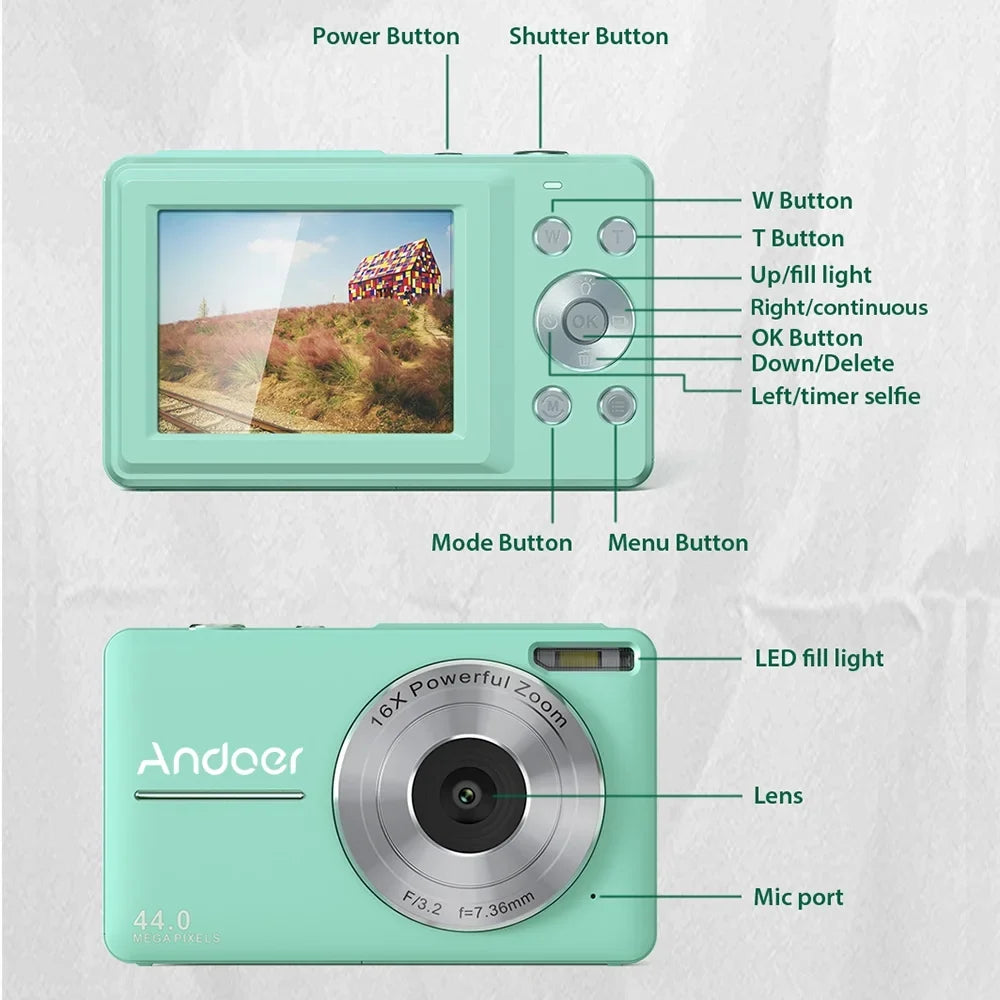 Andoer Portable 1080P Digital Video Camcorder 44MP Auto Focus 2.5 IPS Monitor 16X Digital Zoom -shake Face Detect Smile Capture with 32GB Memory 2pcs Batteries Christmas Gift for Teens