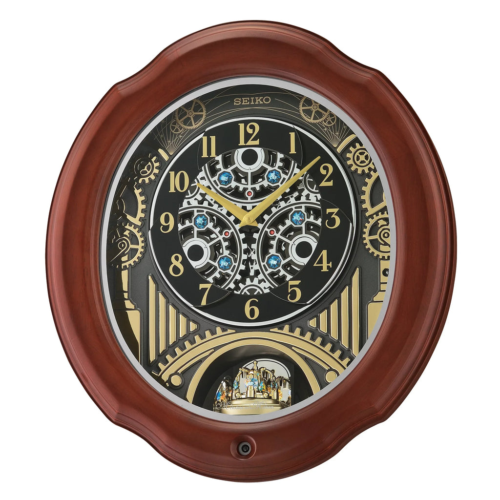 Seiko Tube and Chimes Melodies In Motion, Brown Wood Frame Traditional Classic Music Rotating Pendulum Crystals QXM392BRH