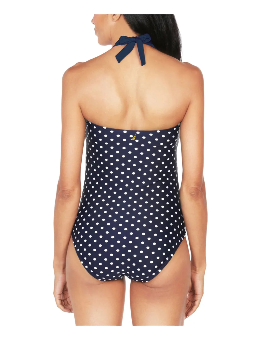 NAUTICA Women's Navy Polka Dot Stretch Tummy Control Fixed Cups Tie Sweetheart Moderate Coverage One Piece Swimsuit M
