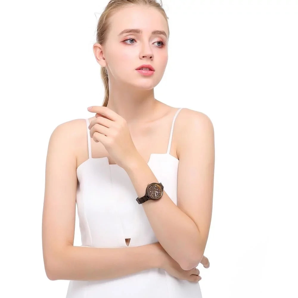 Womens Brown Salwood Watch with Crystals, Gold Bezel, Business Casual, Swiss Ronda Movement, 1ATM Fluid Resistant MTJW13040