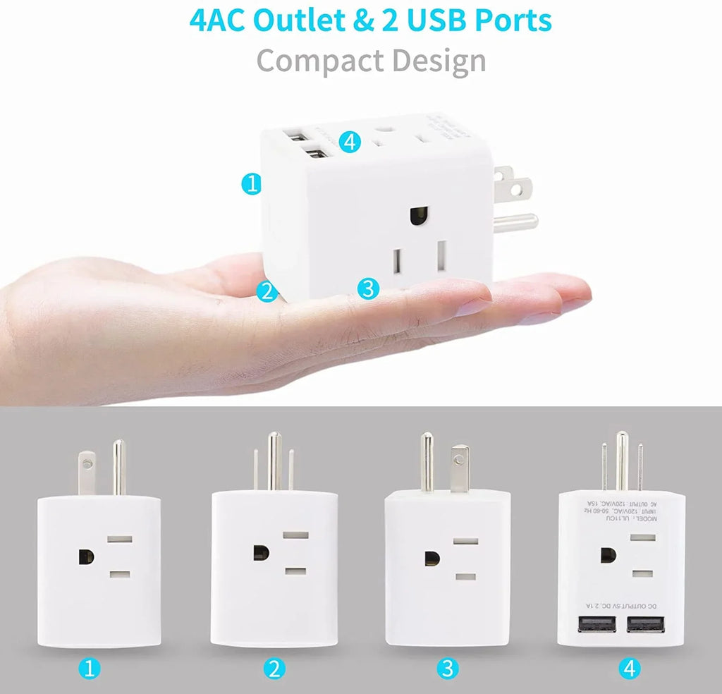Multi Plug Outlet Extender with 2 USB and 4 AC Sockets, Wonplug Right Angle Plug Adapter Splitter 3 Prong Adapter Wide Spaced Cube Wall Charger for USA Home Office Cruise Ship Travel,White