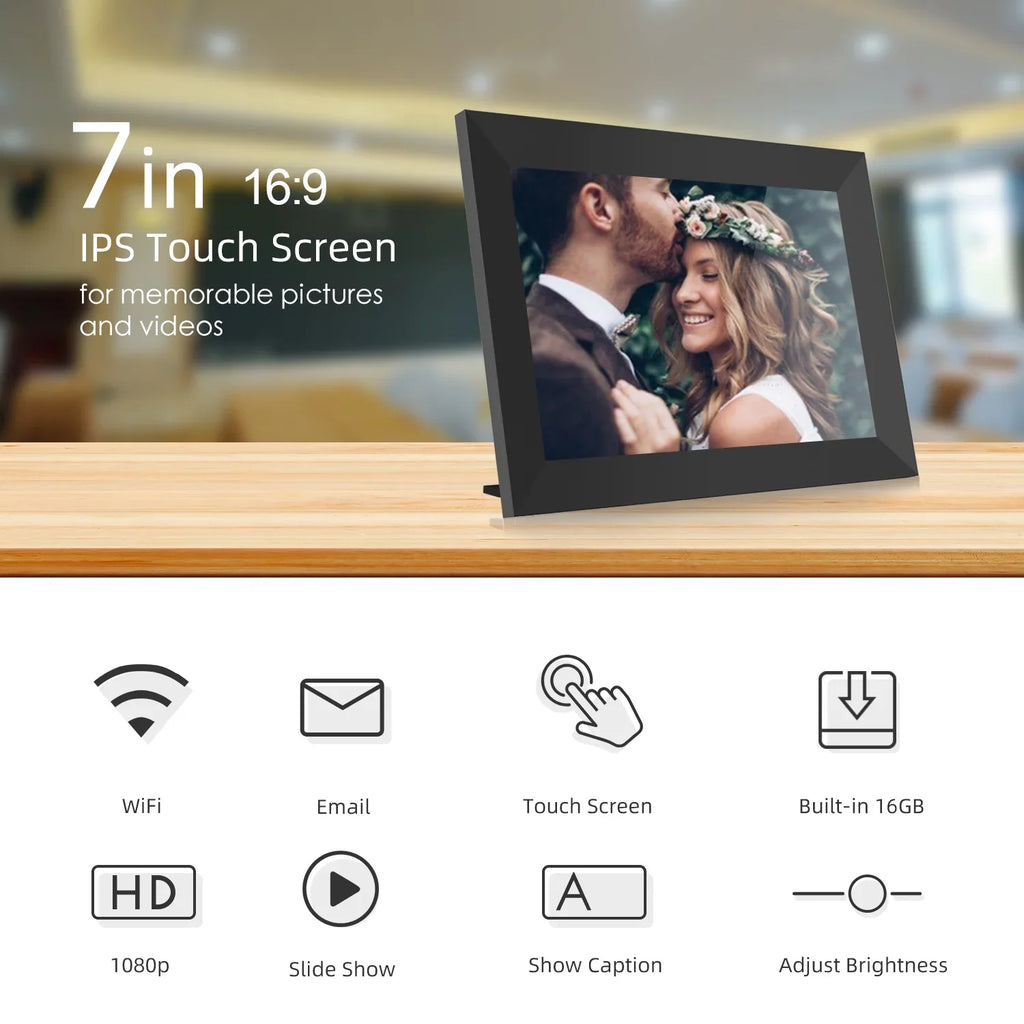 JEEMAK Smart Digital Photo Frame 7" WiFi HD IPS Touch Monitor Built-in 16GB Storage Auto-Rotate Easy Share Photos/Videos via App, Email