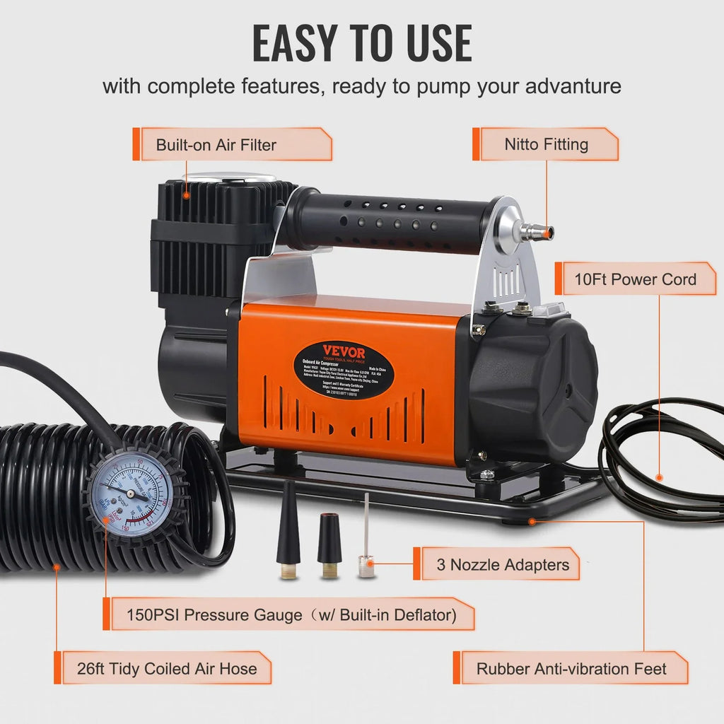 VEVOR On-Board 12V Air Compressor, High Capability Universal, 150PSI 6CFM