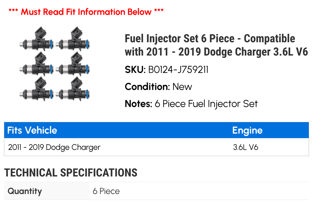 Fuel Injector Set 6 Piece - Compatible with 2011 - 2019 Dodge Charger 3.6L V6 2012 2013 2014 2015 2016 2017 2018