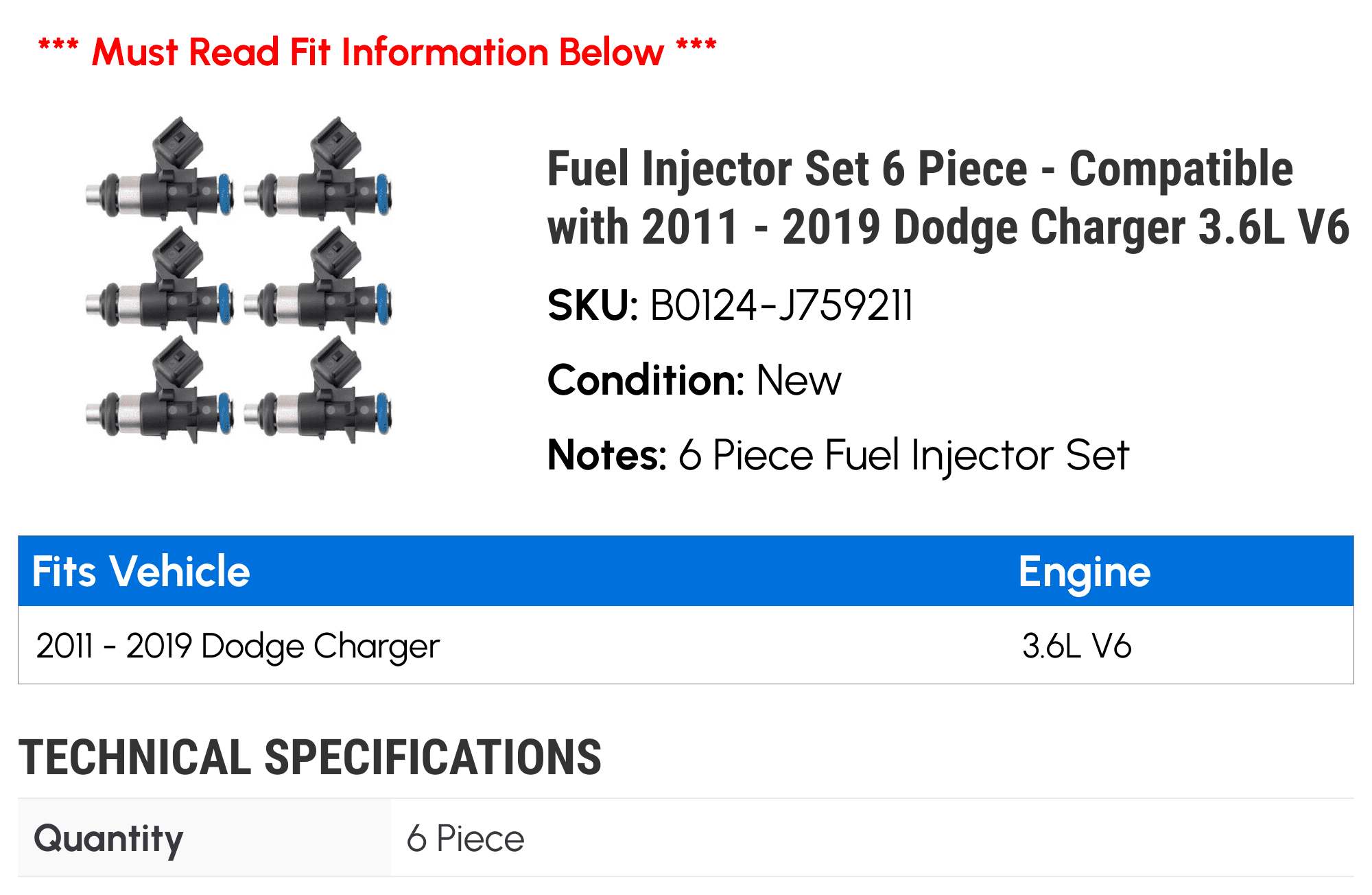 Fuel Injector Set 6 Piece - Compatible with 2011 - 2019 Dodge Charger 3.6L V6 2012 2013 2014 2015 2016 2017 2018