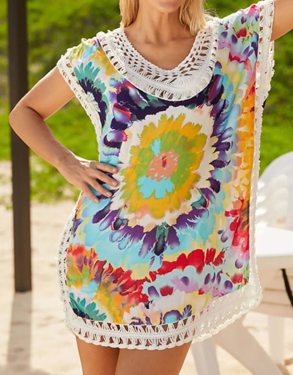 Beach Coverup Dress Floral Print Hollow Out Plus Size Swimwear Bikini Swimsuit Cover ups Bathing Suit Coverups
