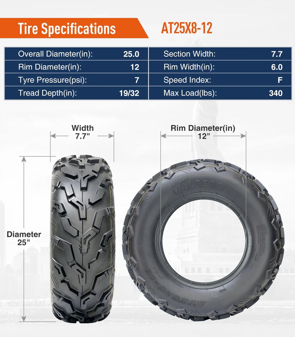 HALBERD Set of 4 25x8-12 Front & 25x10-12 Rear ATV/UTV Tires 6PR Trail Sand All Terrain off Road Tire