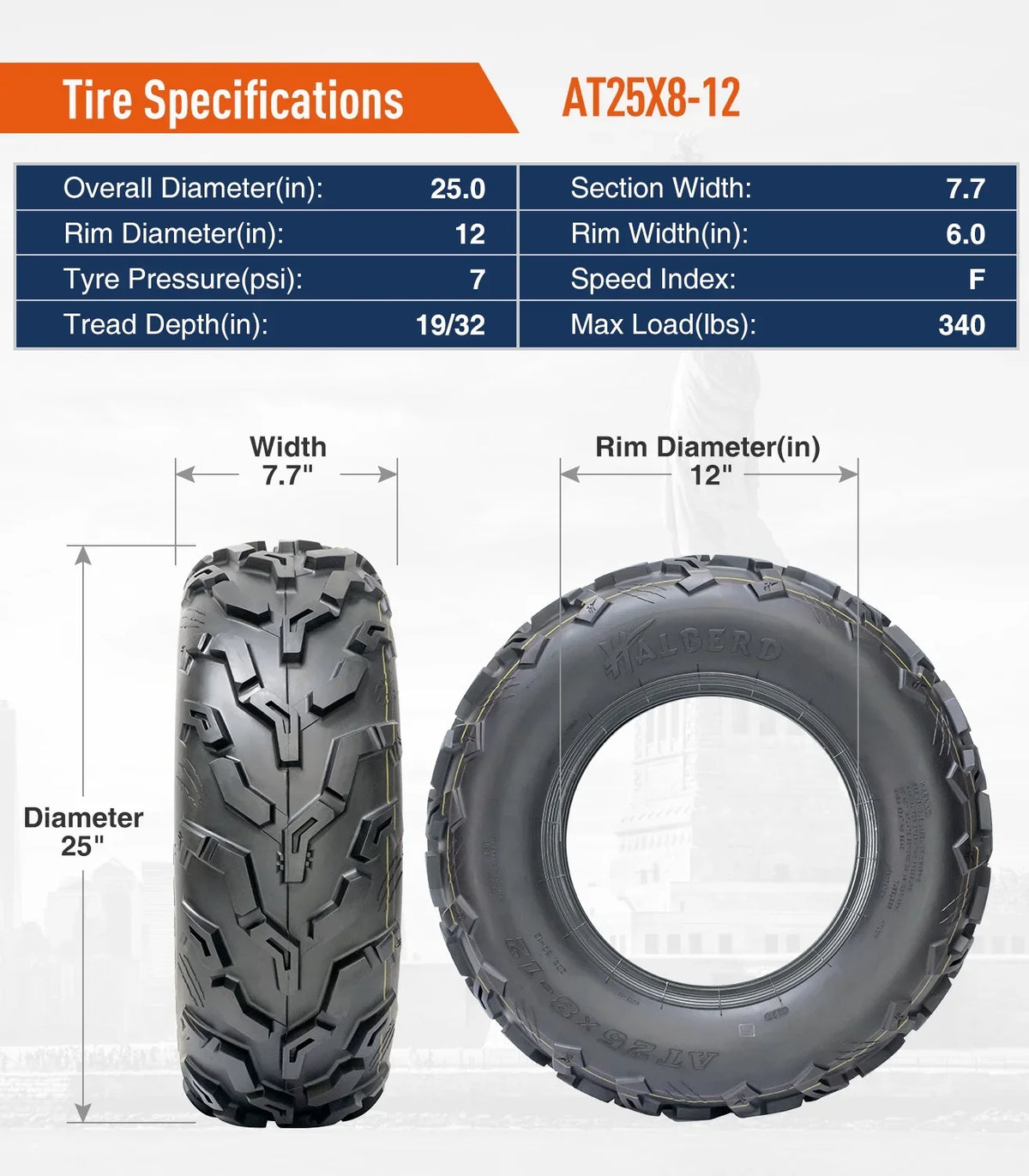 HALBERD Set of 4 25x8-12 Front & 25x10-12 Rear ATV/UTV Tires 6PR Trail Sand All Terrain off Road Tire