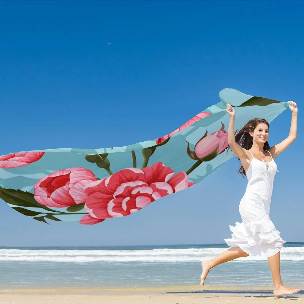 Hyjoy Peony And Roses Long Silk Neck Scarf Lightweight Shawl Wrap Scarves for Women Girls