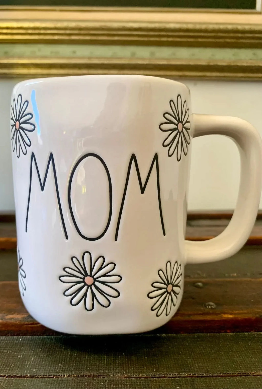 Rae Dunn MOM Ivory Ceramic Mug Black LL Letters Black Daisys 16 oz dishwasher safe may get hot in Microwave Mother's Day
