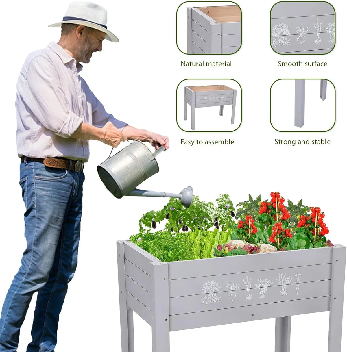 Kids Raised Garden Bed, 30 x 24 x 18 Inch Wooden Elevated Raised Garden Bed for Kids Outdoor Raised Planter Box for Vegetables Grass Lawn Yard, Light Grey