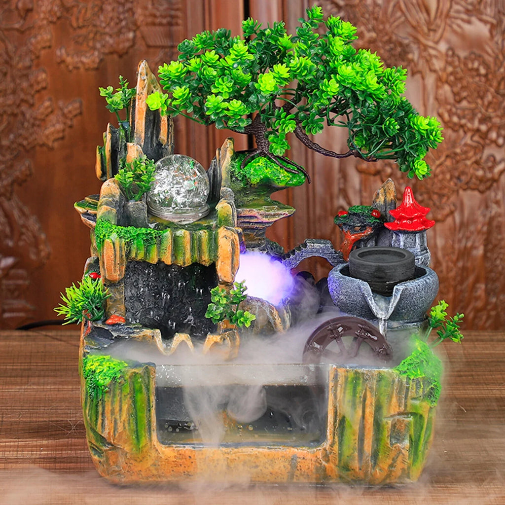 Miumaeov Desktop Simulation Rockery Fountain Ornament Small Liquid Landscape Countertop Decoration Fish Tank with Led Light Atomizing Humidifier Effect for Office Home Bedroom