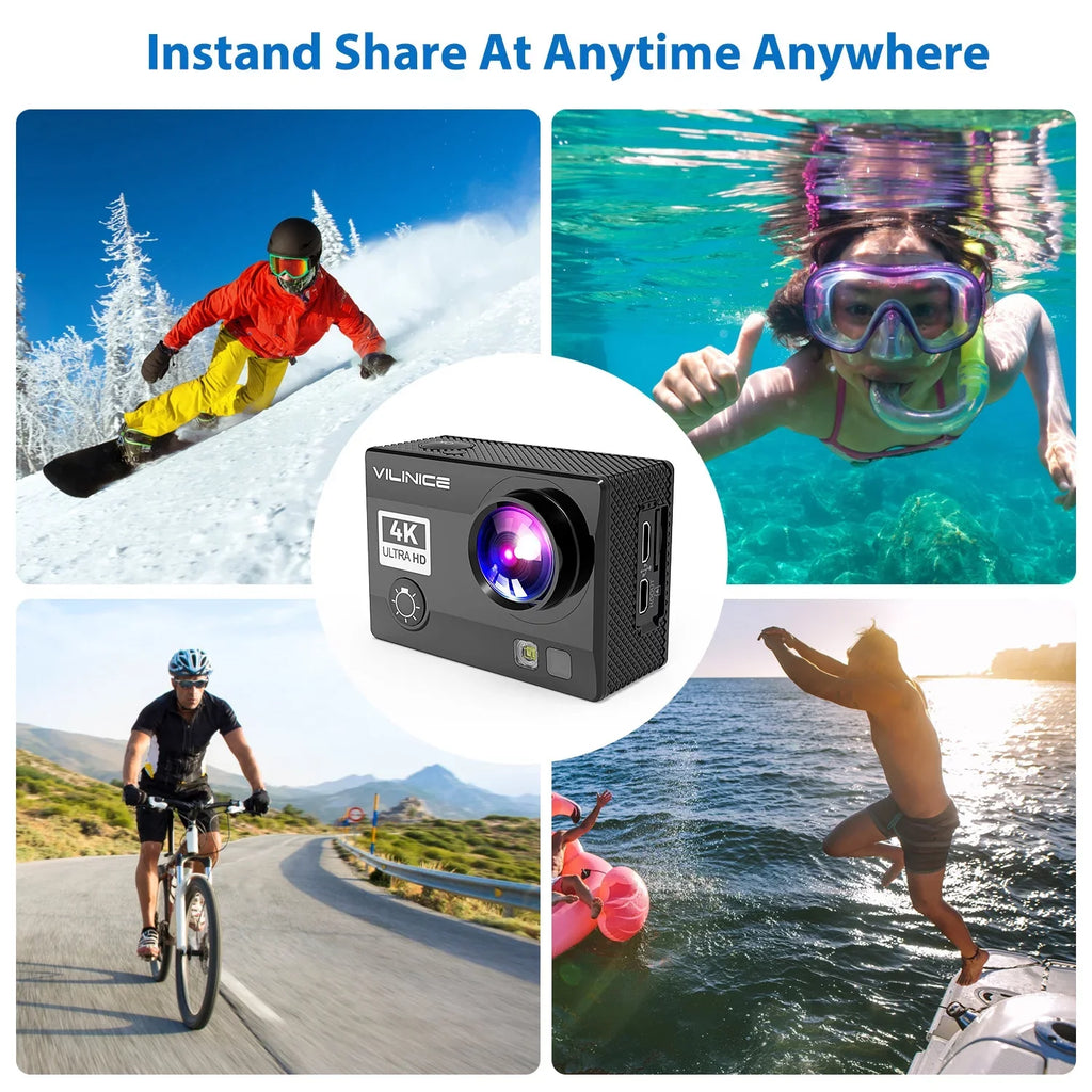 VILINICE Action Camera, 4K WiFi Camera with EIS 30m Fluid Fluid Cameras for Snorkeling, Sports Camera with 16MP Sensor, Camera Compatible Case, Remote Control for Gift, Travel