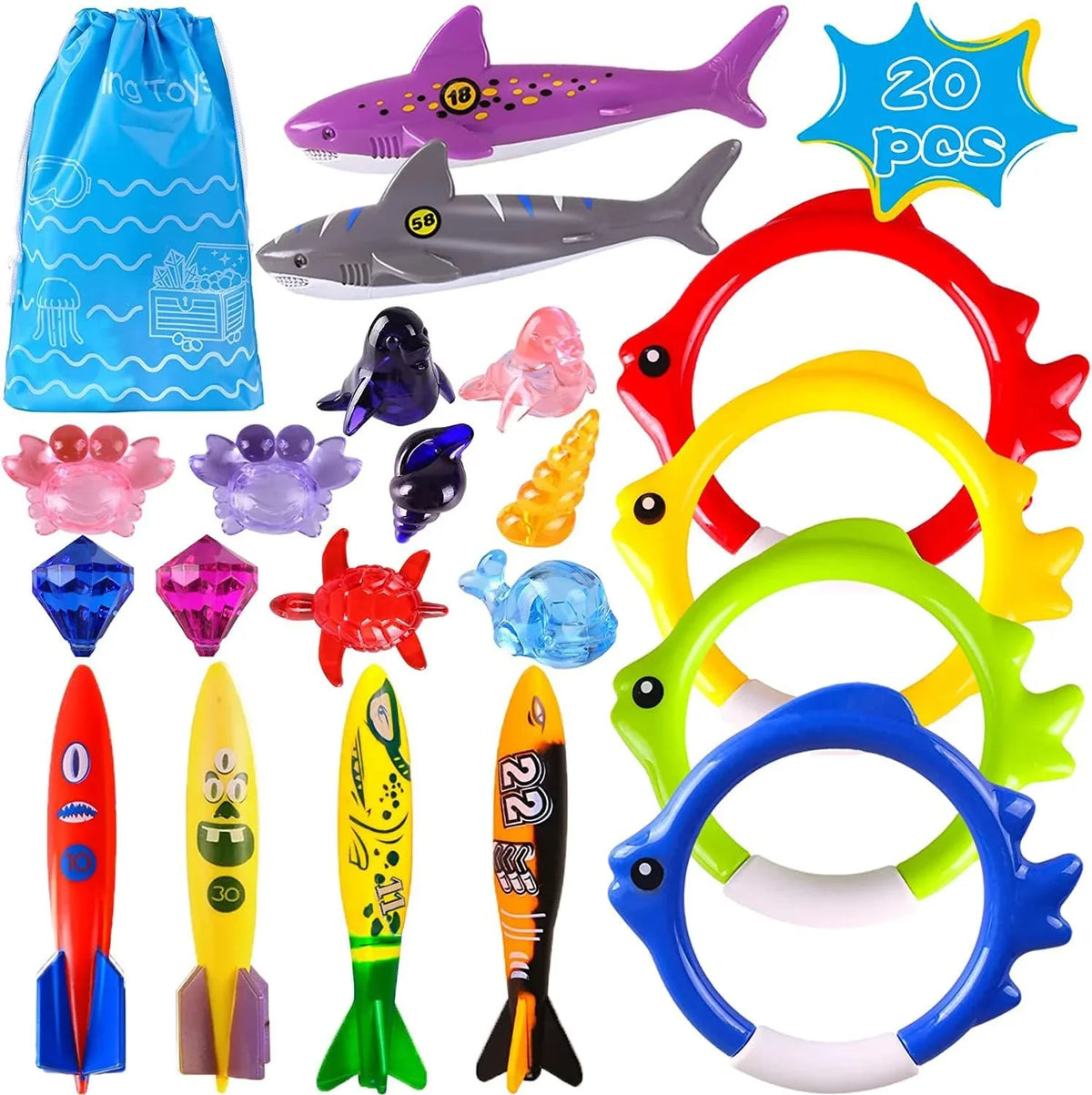 Playoza Summer Pool Diving Swimming Toys for Kids,Fun Swim Games Set, Fluid Dive Gifts with Storage Bag,20 Pack Swimming Pool Toys Swim Learning & Diving Skill Development for Boys Girls