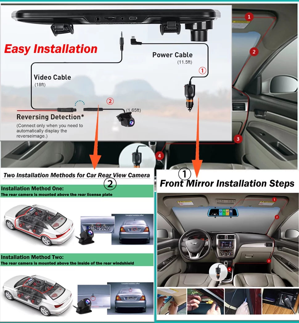 Erago Rear View Mirror Camera Kit:Rear view mirror dash cam Front and Rear FHD 1080P for Car with 10" Full Touch Display Fluid Backup WDR Camera, Night Vision, G-Sensor, Parking Moniter