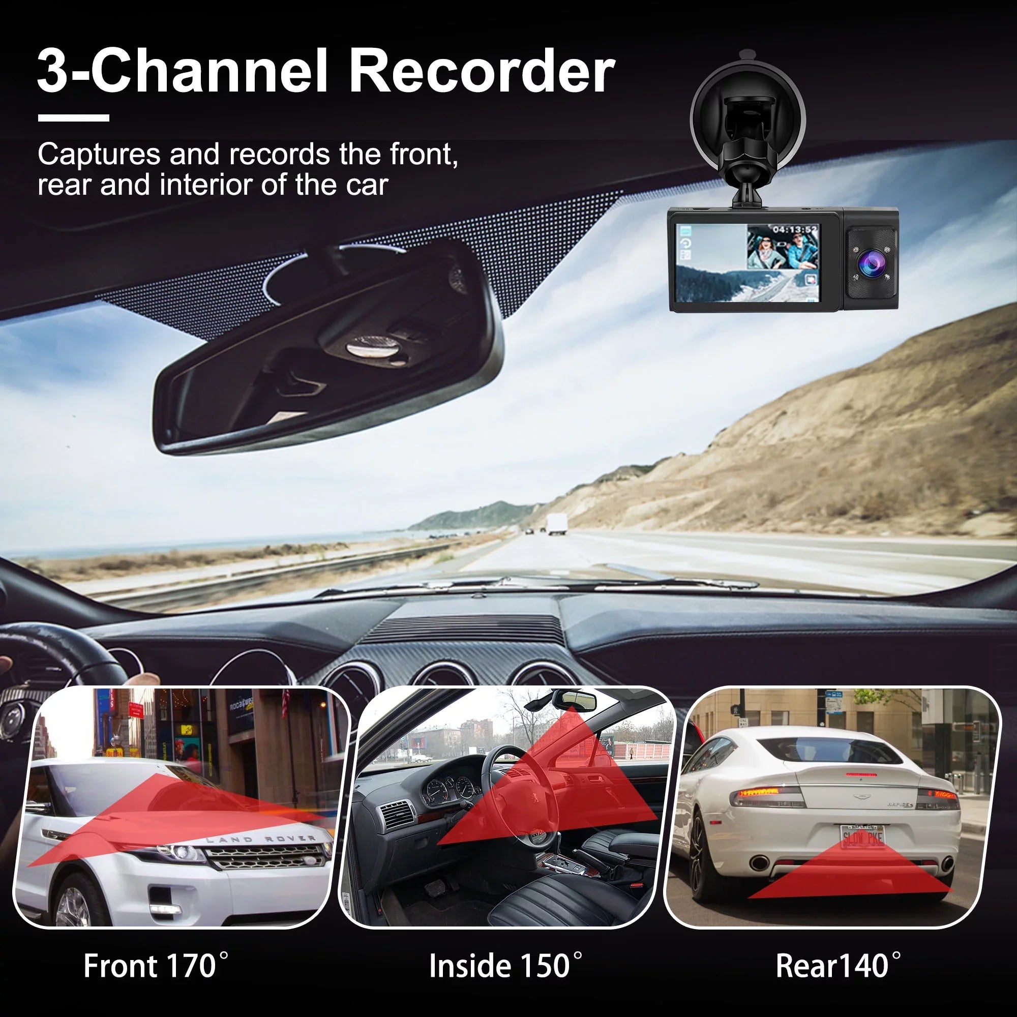 Dash Cam Front and Rear, TSV 3 Channel Dual Dash Camera, 1080P Car Camera DVR Backup Cam with Night Vision, G-Sensor