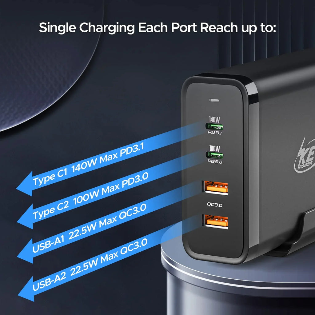 Key Power 245W USB C Charger Station, 140W PD 3.1 GaN Type C Power Adapter with 4Port Fast Charge for Macbook Air/ Pro 16", XPS, iPad, iPhone, Galaxy, Steam Deck