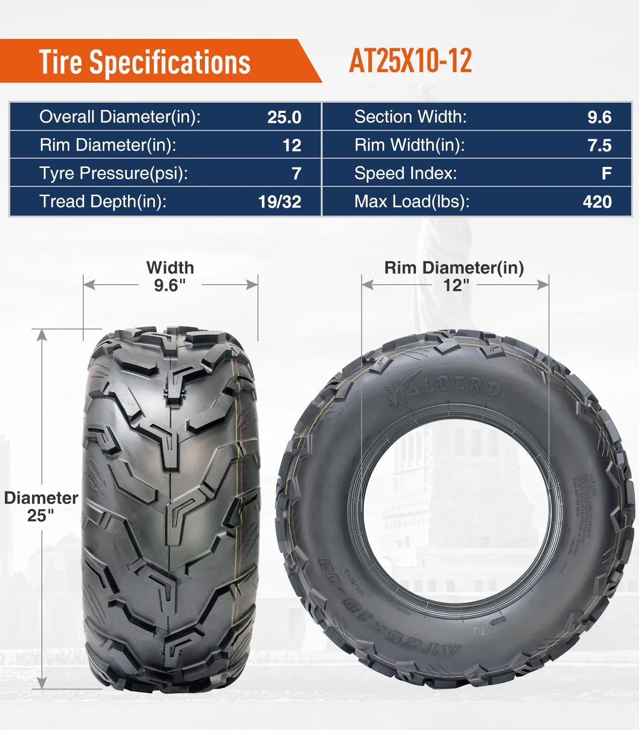HALBERD Set of 4 25x8-12 Front & 25x10-12 Rear ATV/UTV Tires 6PR Trail Sand All Terrain off Road Tire