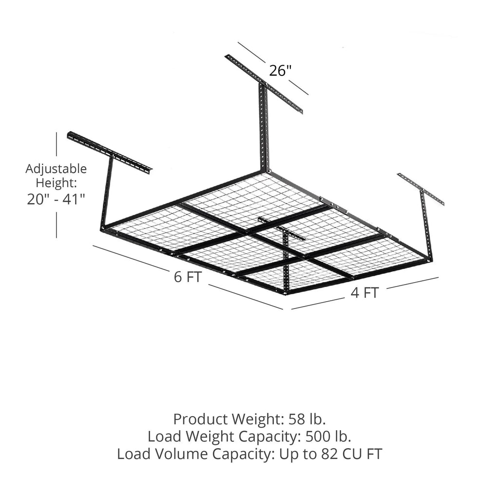 Titan Attachments 4' x 6' Overhead Garage Storage Rack, 20" to 41" Adjustable Height, Ceiling Mount Organization System, Metal Wire Grid with 500 LB Loading Capacity, Storage for Bikes Equipment Bins