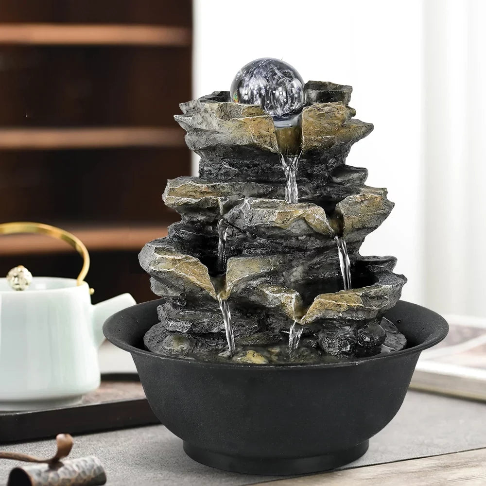 8.3-inch High 4-Tier Cascading Rock Falls Tabletop Liquid Fountain with LED Lights for Home and Office Decor