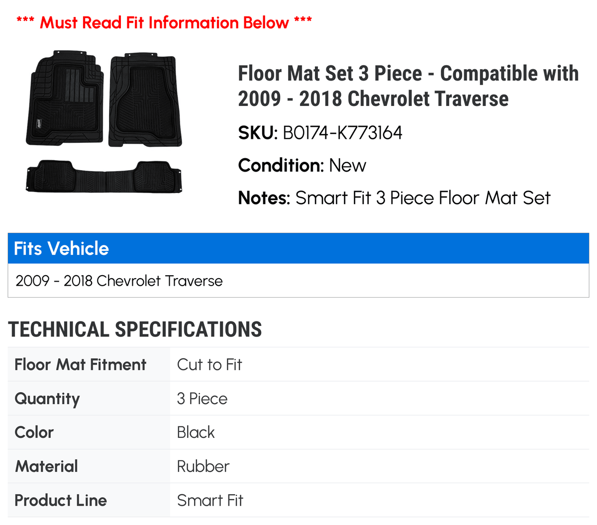Floor Mat Set 3 Piece - Compatible with 2009 - 2018 Chevy Traverse 2010 2011 2012 2013 2014 2015 2016 2017