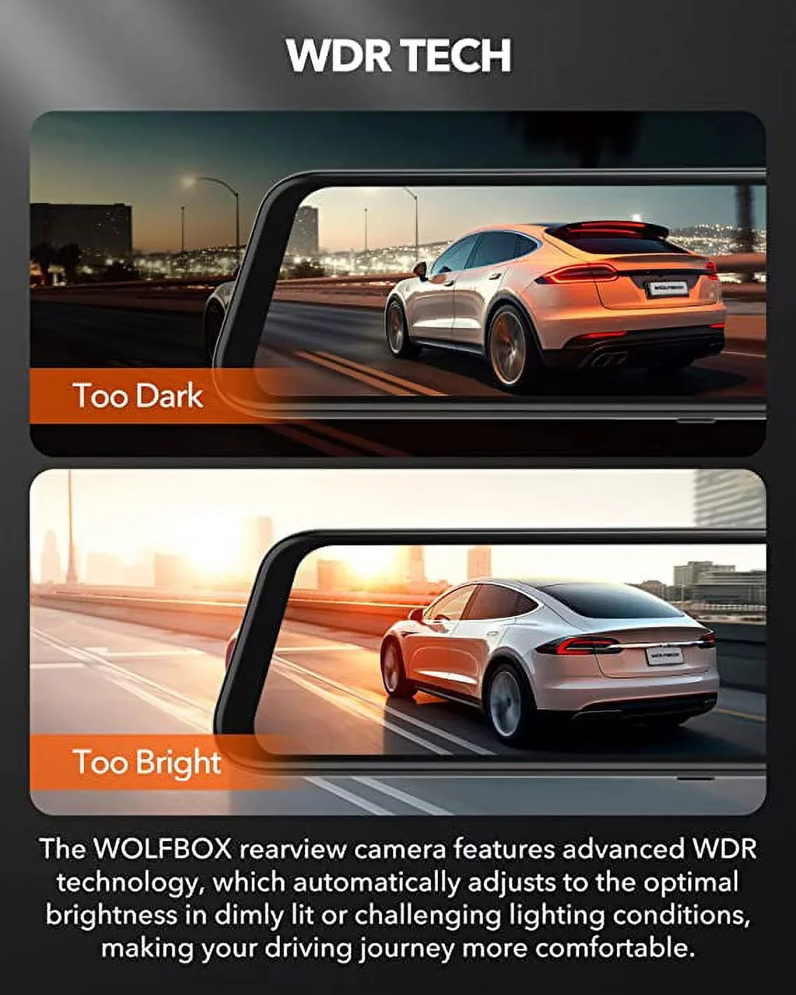 WOLFBOX Rear View Mirror Camera, 2.5K Front and 1080P Rear Camera, 12'' Mirror Dash Cam with Night Vision, Built-in Wi-Fi GPS, Parking Monitor, Free 32GB Card