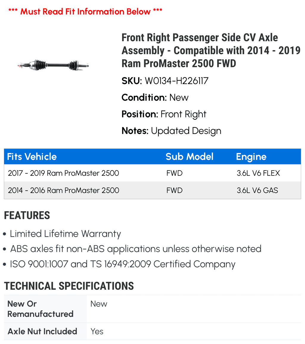 Front Right Passenger Side CV Axle Assembly - Compatible with 2014 - 2019 Ram ProMaster 2500 FWD 2015 2016 2017 2018 2020 2021
