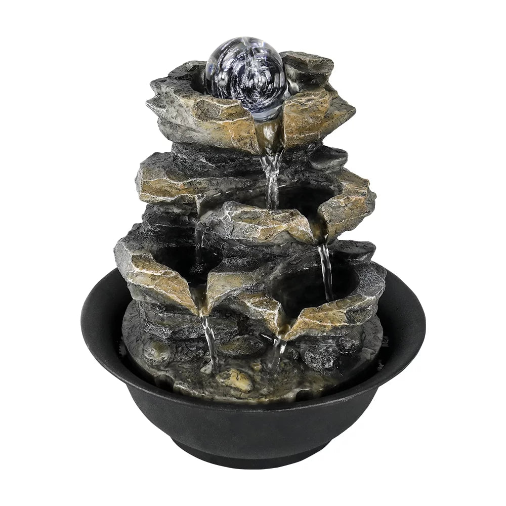 8.3-inch High 4-Tier Cascading Rock Falls Tabletop Liquid Fountain with LED Lights for Home and Office Decor