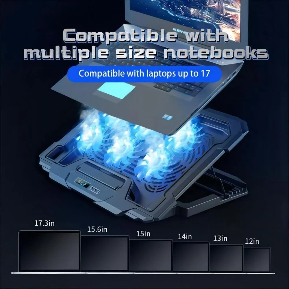 12-17.3 inch Notebook Cooling Pad Gaming Mobile pc Cooler, Adjustable Height Notebook Fan Cooling Stand with 6 Quiet Cooling Fans for Notebook,2 USB Port & LCD Display