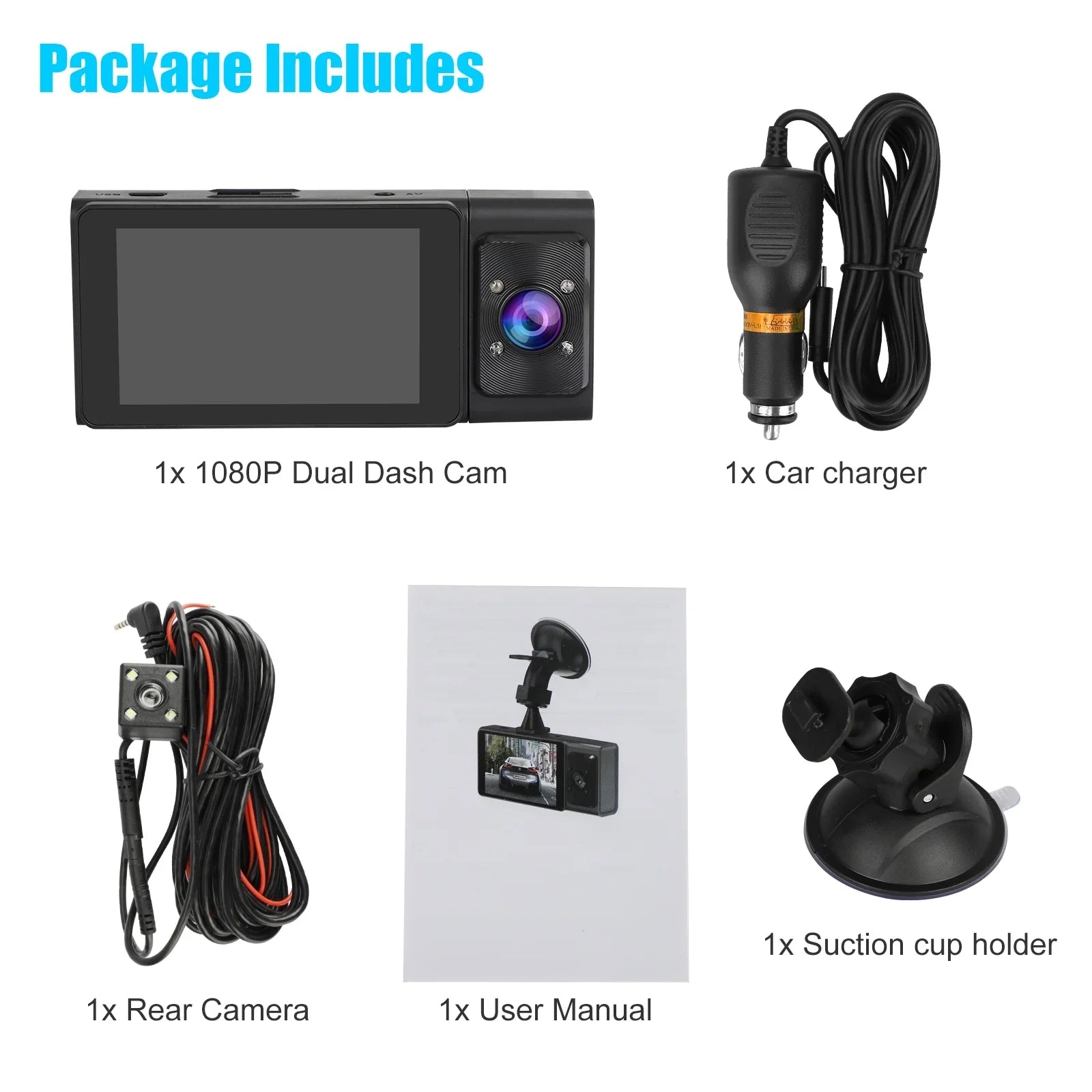 Dash Cam Front and Rear, TSV 3 Channel Dual Dash Camera, 1080P Car Camera DVR Backup Cam with Night Vision, G-Sensor