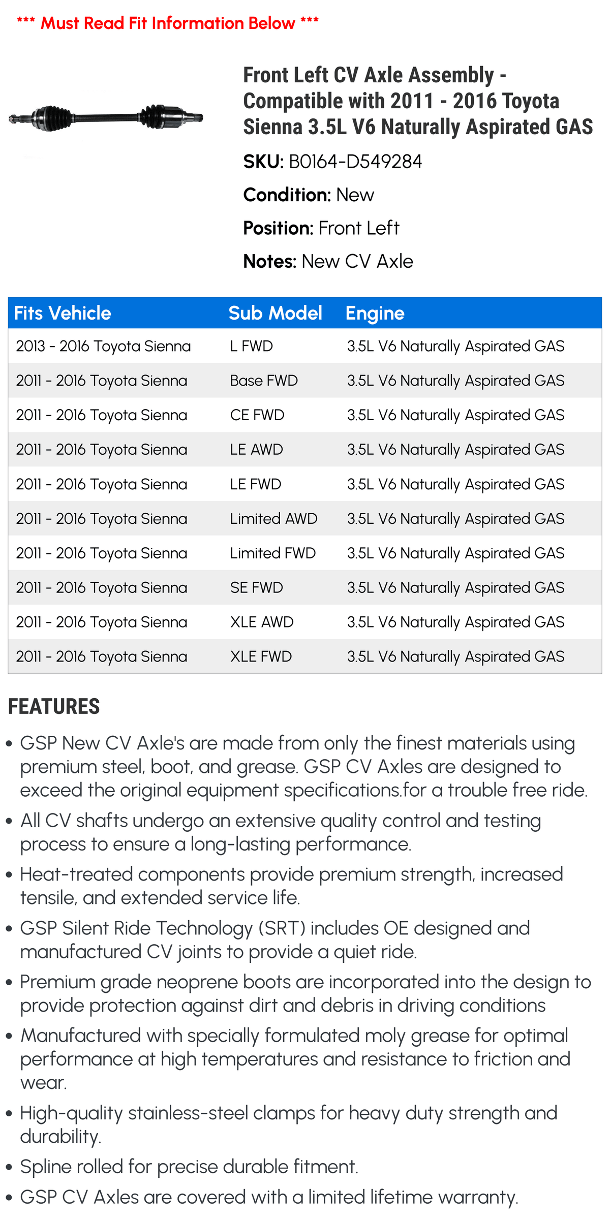 Front Left CV Axle Assembly - Compatible with 2011 - 2016 Toyota Sienna 3.5L V6 Naturally Aspirated GAS 2012 2013 2014 2015