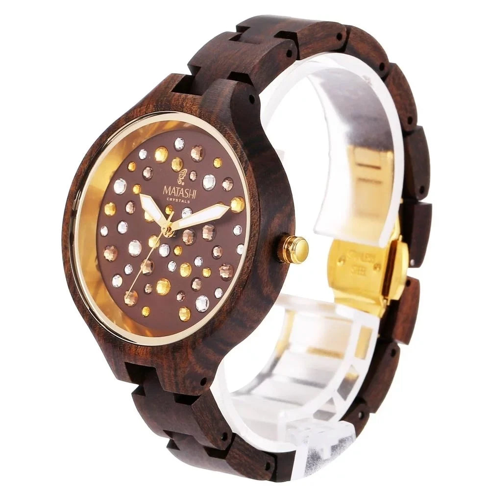 Womens Brown Salwood Watch with Crystals, Gold Bezel, Business Casual, Swiss Ronda Movement, 1ATM Fluid Resistant MTJW13040