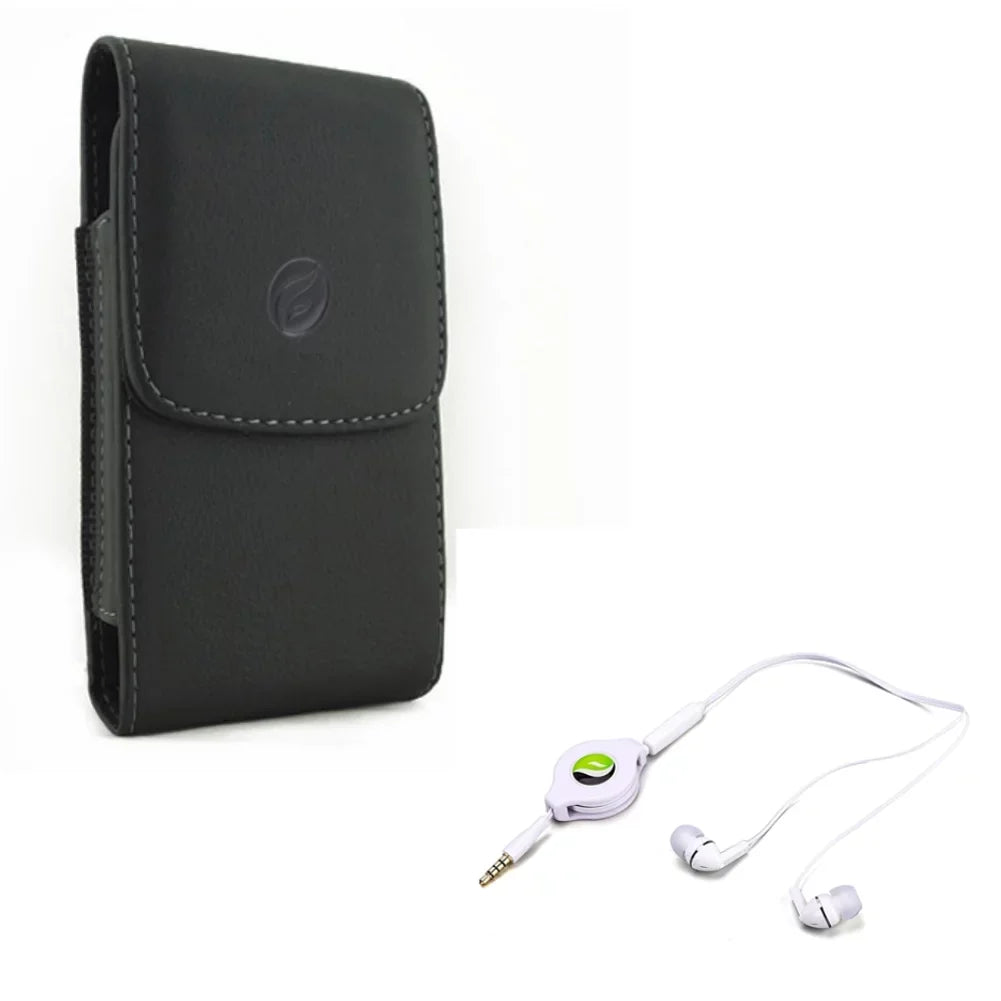 Black Vertical Leather Case w Retractable Headset Hands-free Earphones Mic R8X for Kyocera DuraForce Pro 2 - G6 G8 ThinQ, G7 ThinQ - Motorola One, Moto X4 X Play G7 Play, Droid Maxx 2