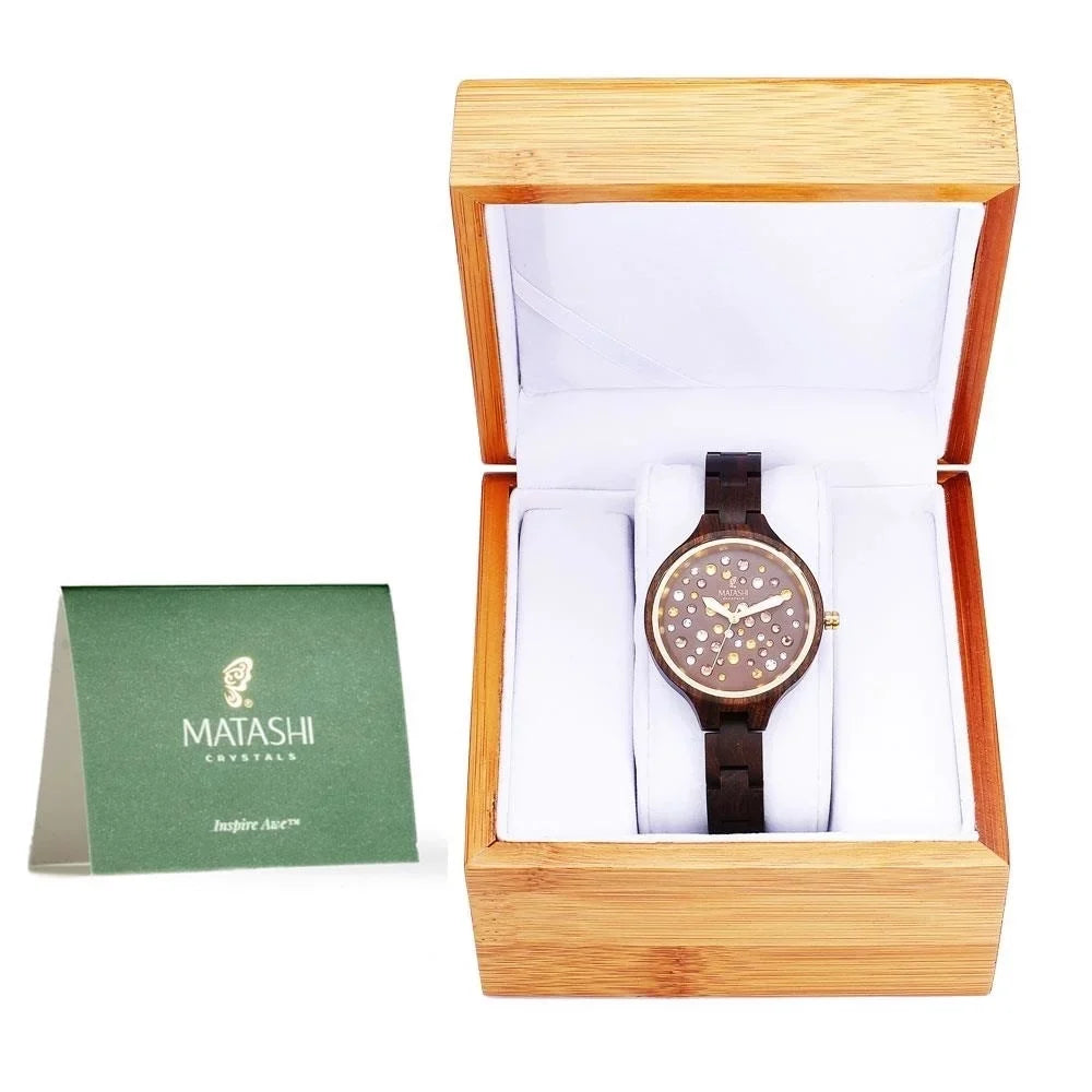 Womens Brown Salwood Watch with Crystals, Gold Bezel, Business Casual, Swiss Ronda Movement, 1ATM Fluid Resistant MTJW13040