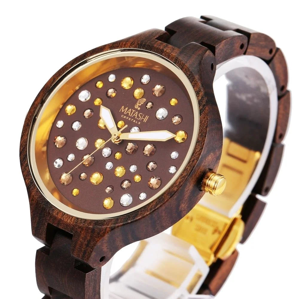 Womens Brown Salwood Watch with Crystals, Gold Bezel, Business Casual, Swiss Ronda Movement, 1ATM Fluid Resistant MTJW13040