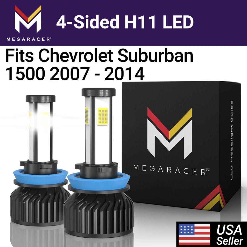 Mega Racer Chevy Chevrolet Suburban 1500 4 Sided H11 H9 H8 LED Headlights 6000K Diamond White 12V 60W Chevy Chevrolet Suburban 1500 2007 2008 2009 2010 2011 2012 2013 2014 07 - 14 Low Beam Replacement