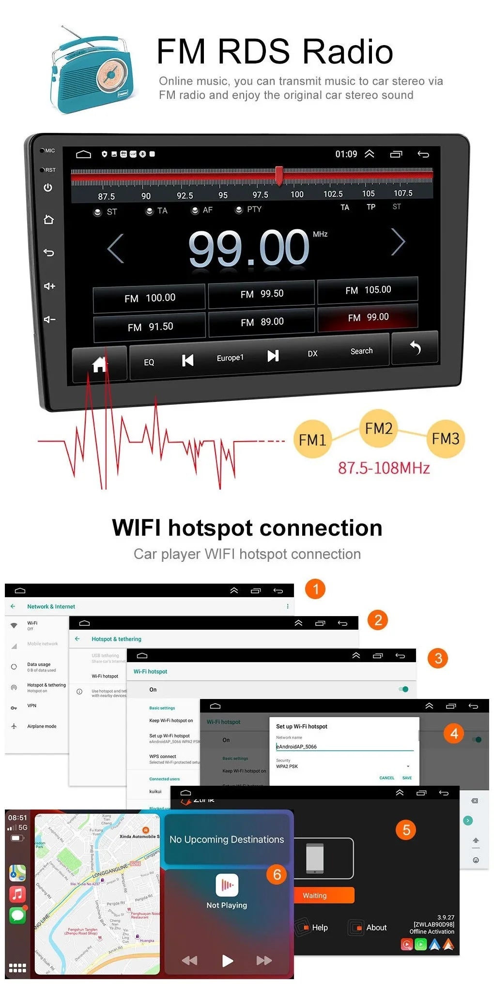 Android 2+32GB Car Stereo Wireless Carplay Android Auto Double Din Radio 10.1" 1280*720 IPS Display WiFi GPS Navigation Bluetooth USB FM/RDS Receiver AHD Backup Camera