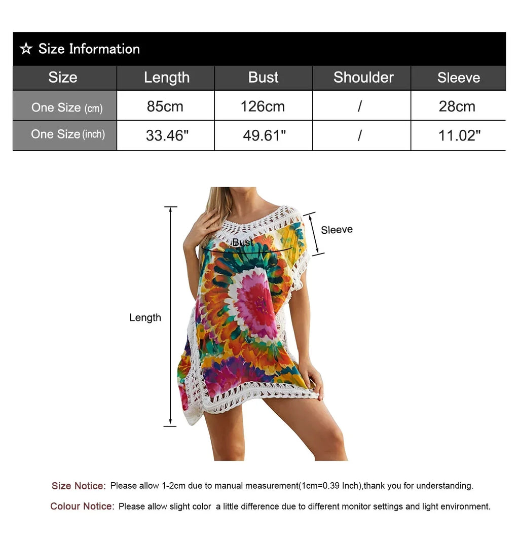 Beach Coverup Dress Floral Print Hollow Out Plus Size Swimwear Bikini Swimsuit Cover ups Bathing Suit Coverups