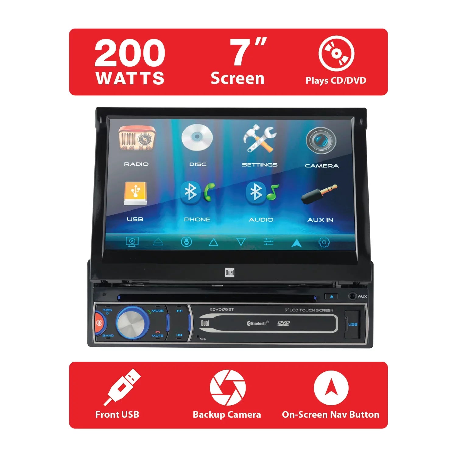 Dual Electronics XDVD179BT 7 inch Single DIN Car Stereo, Motorized Touch Display CD/DVD, New