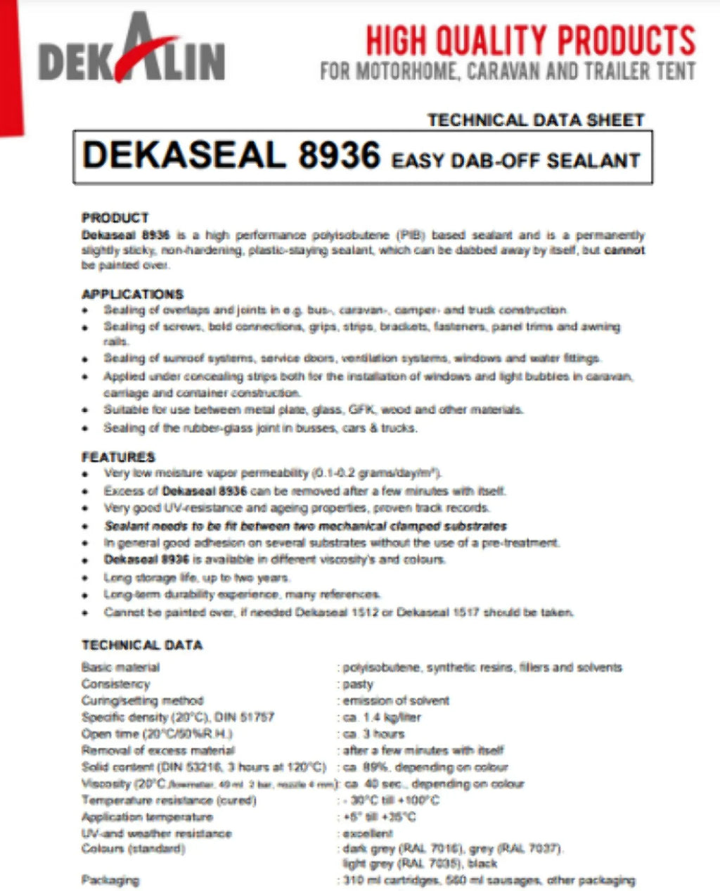 DEKALIN Dekaseal 8936 2 Pack 310ml Cartridge Plastic-Elastic Black Sealant / Adhesive