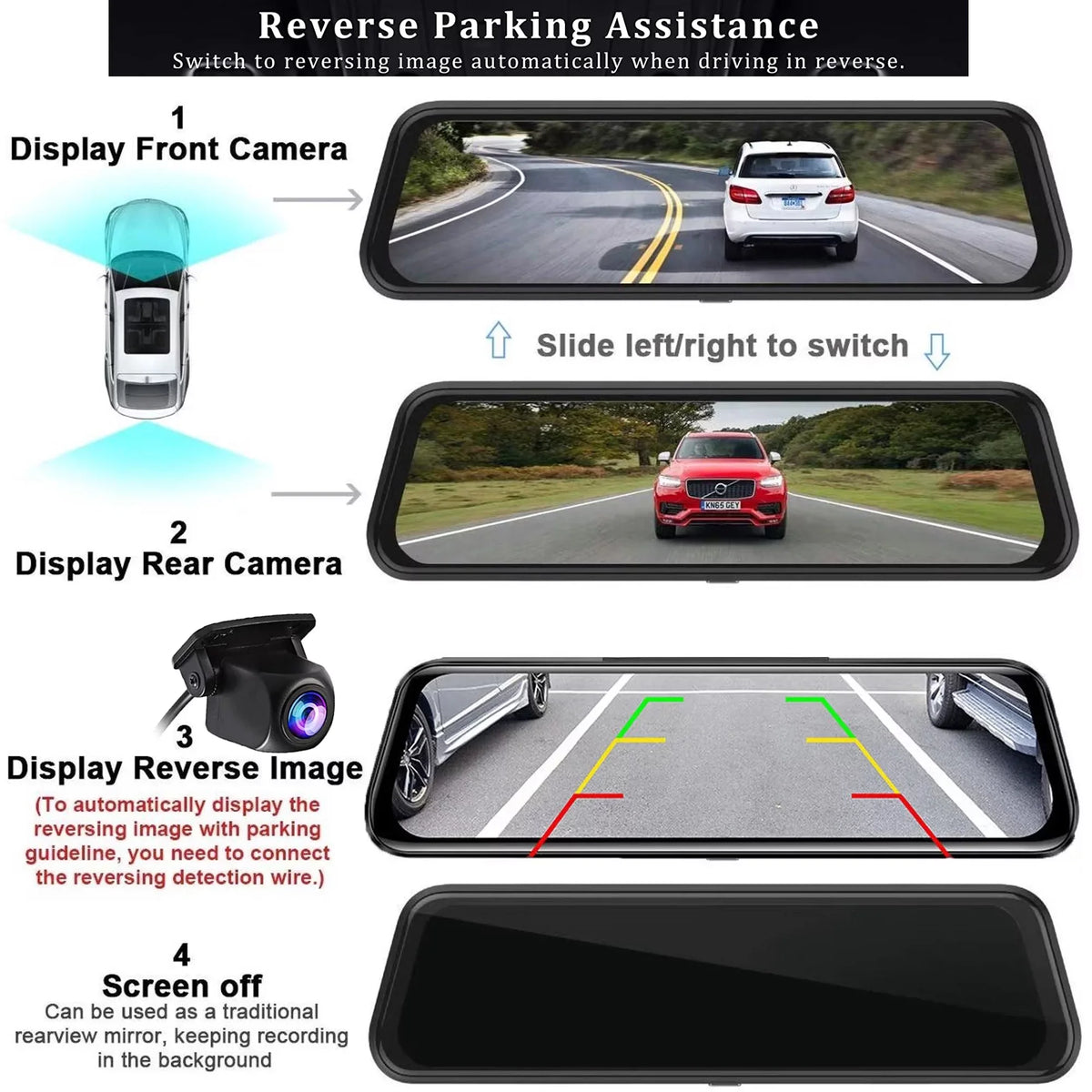 Erago Rear View Mirror Camera Kit:Rear view mirror dash cam Front and Rear FHD 1080P for Car with 10" Full Touch Display Fluid Backup WDR Camera, Night Vision, G-Sensor, Parking Moniter