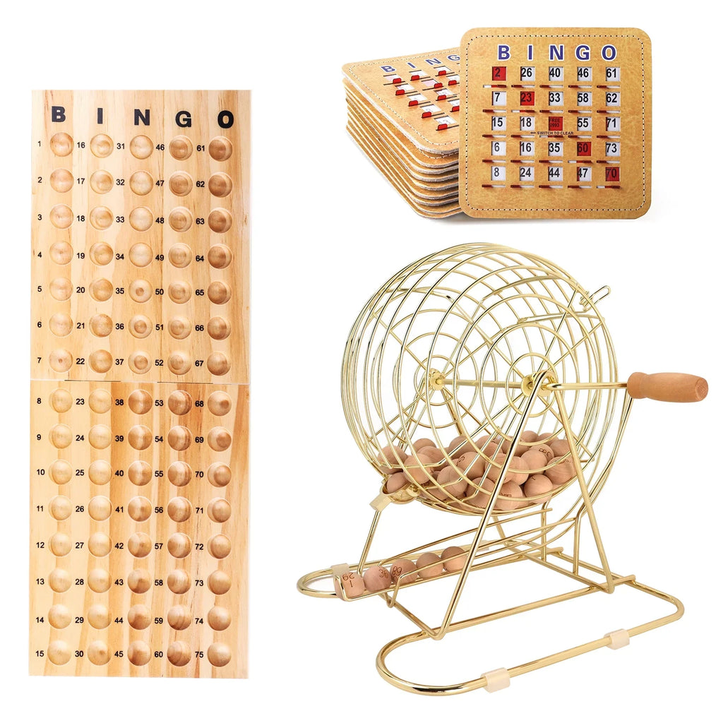 GSE Games & Sports Expert Deluxe Bingo Game Set with Gold Bingo Cage, Wood Masterboard, Wood Bingo Balls and Shutter Bingo Cards. Great for Kids, Adults and Family Party