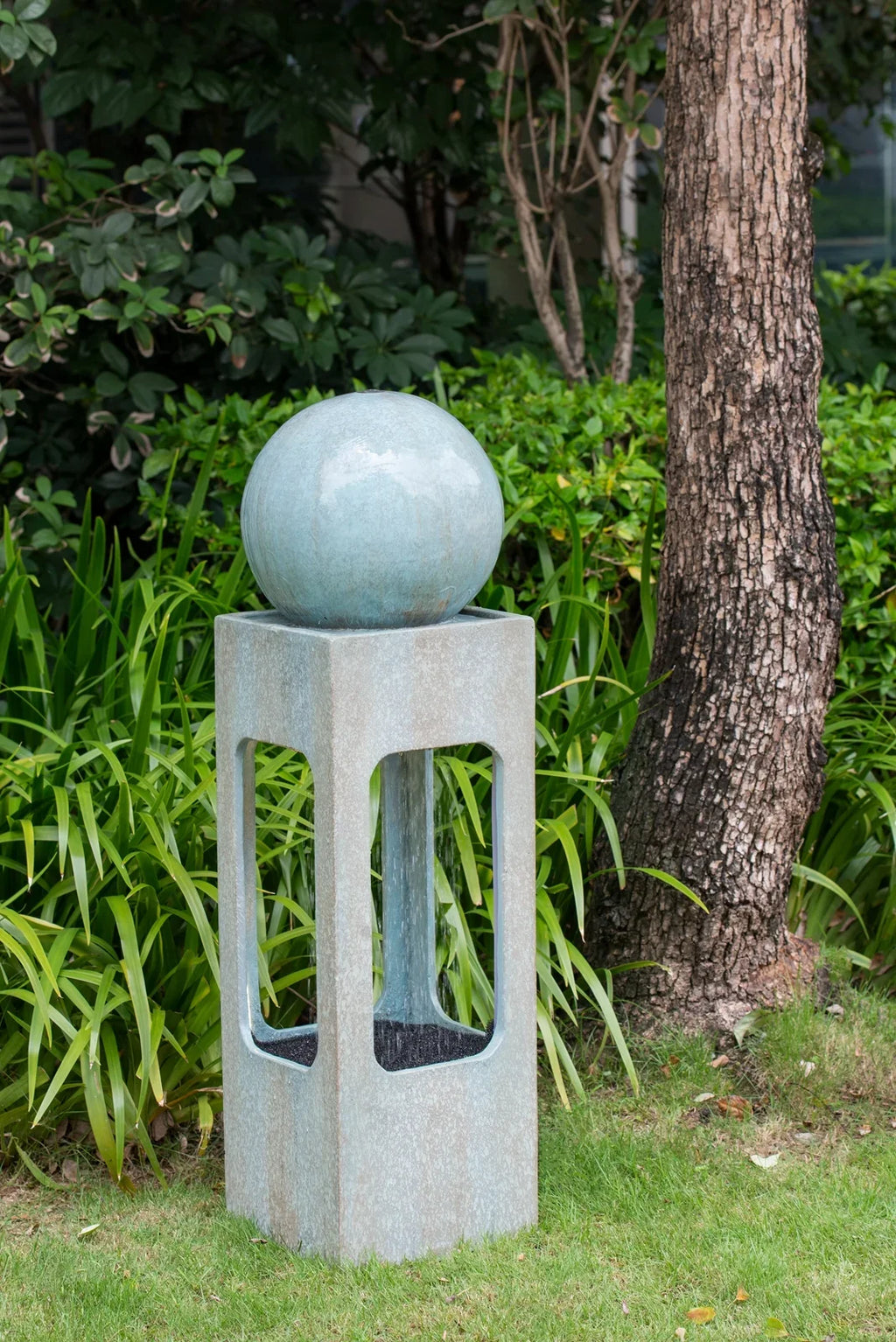 CoSoTower 13X13X44" Tall Contemporary Sphere Outdoor Liquid Fountain, Cement/Concrete Outdoor Fountain, Antique Blue Raindrop Fluid Feature with Light for Garden, Lawn, Deck & Patio