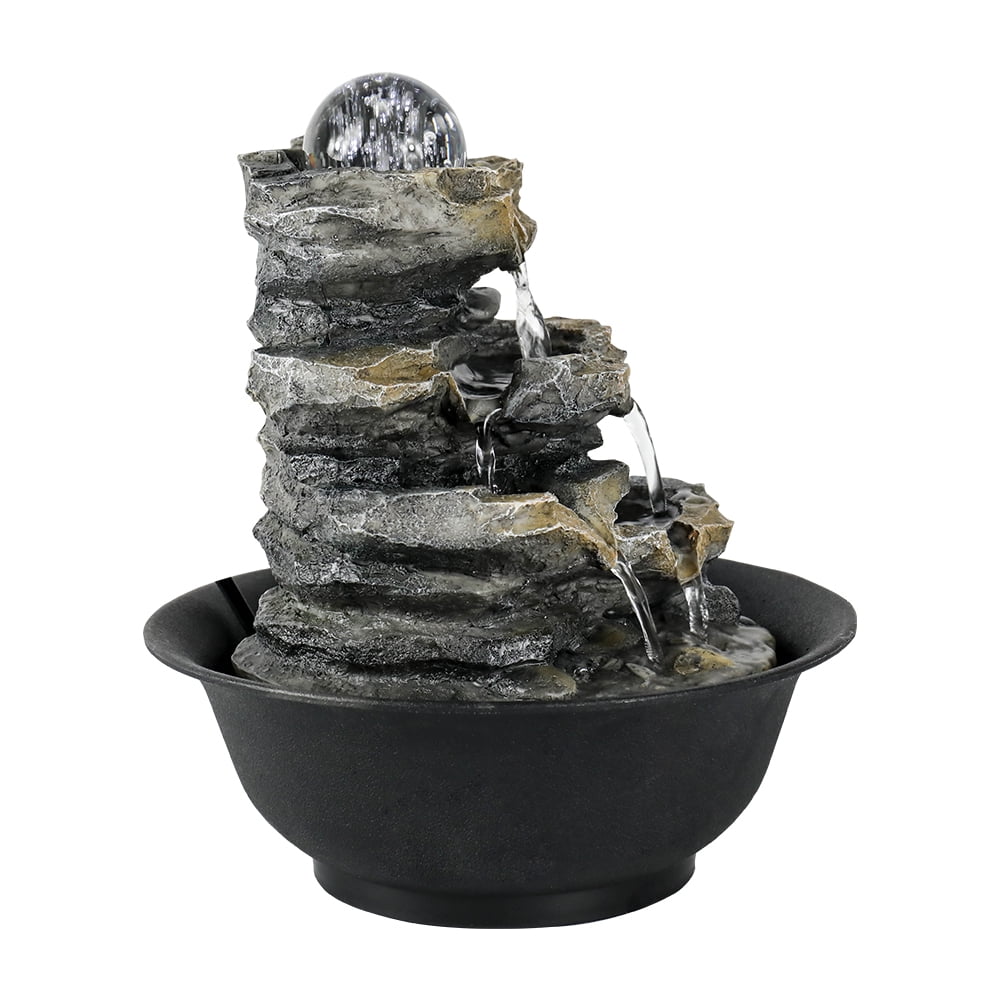 8.3-inch High 4-Tier Cascading Rock Falls Tabletop Liquid Fountain with LED Lights for Home and Office Decor