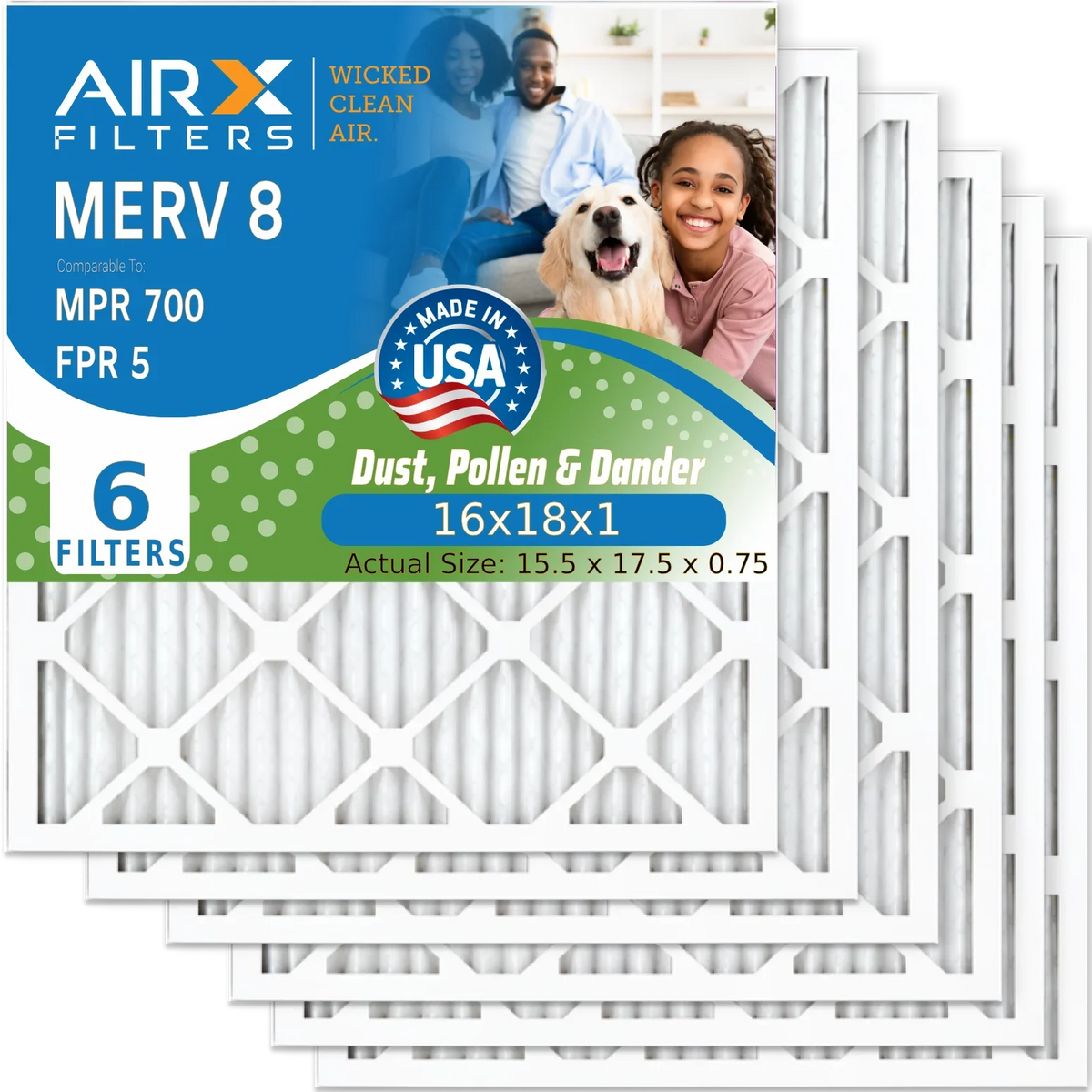 16x18x1 Air Filter MERV 8 Comparable to MPR 700 & FPR 5 Electrostatic Pleated Air Conditioner Filter 6 Pack HVAC AC Premium USA Made 16x18x1 Furnace Filters by AIRX FILTERS WICKED CLEAN AIR.