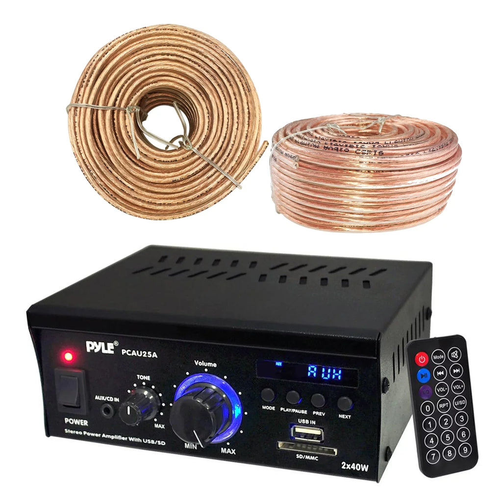 Pyle PCAU25A Amplifier Receiver with USB/SD Readers AUX CD Inputs & LED Display, Enrock Audio 18 AWG Gauge 100 Feet Speaker Wire Cable