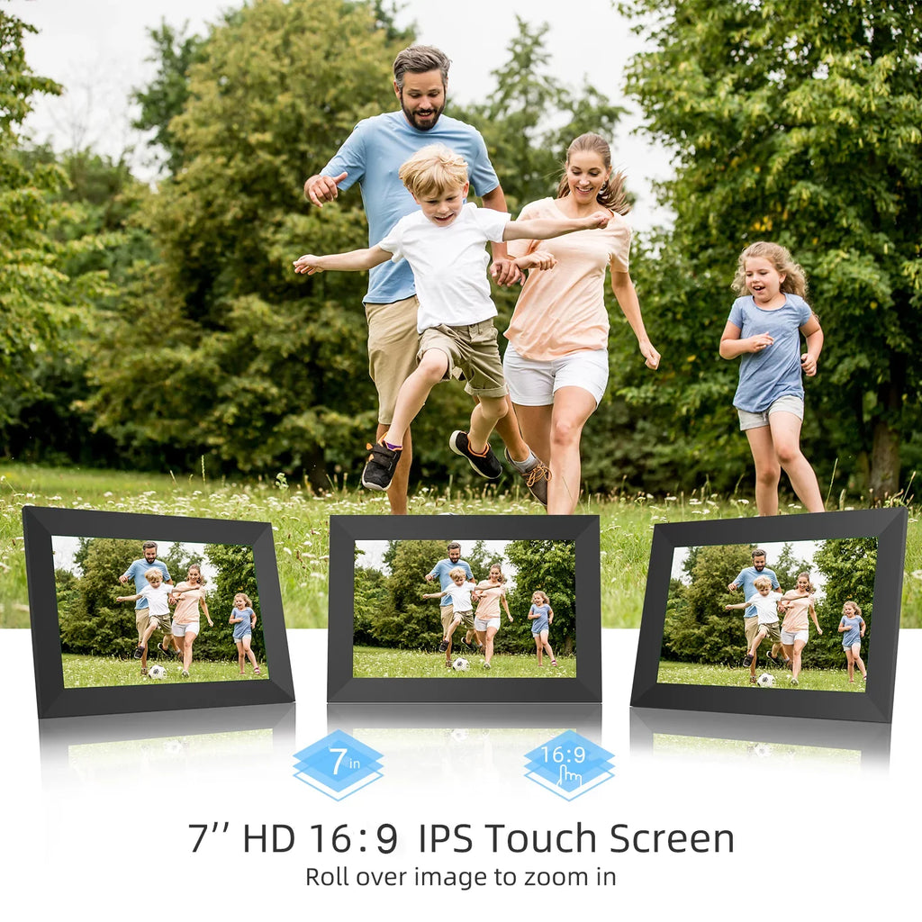 JEEMAK Smart Digital Photo Frame 7" WiFi HD IPS Touch Monitor Built-in 16GB Storage Auto-Rotate Easy Share Photos/Videos via App, Email