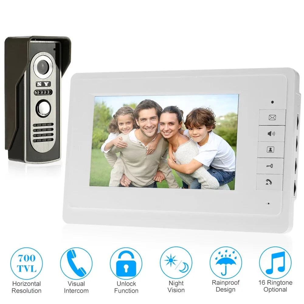 OWSOO 7” Wired Video Door Phone System Visual Doorbell with Indoor Monitor and Outdoor support Unlock Infrared Night View Rainproof for Home