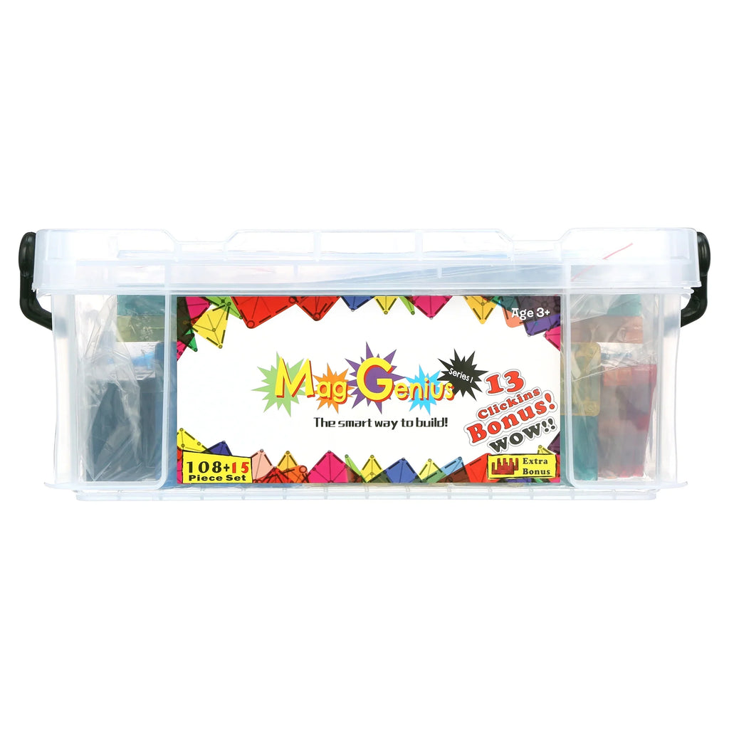 Mag-Genius Award Winning building Magnet Tiles Clear Colours 3D Brain Building Blocks Set of 105 + Pieces Includes 2 Cars And Free Storage Bin